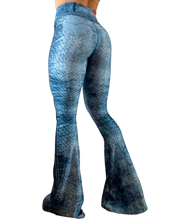 Blue Snake Print Bellbottom Pants
